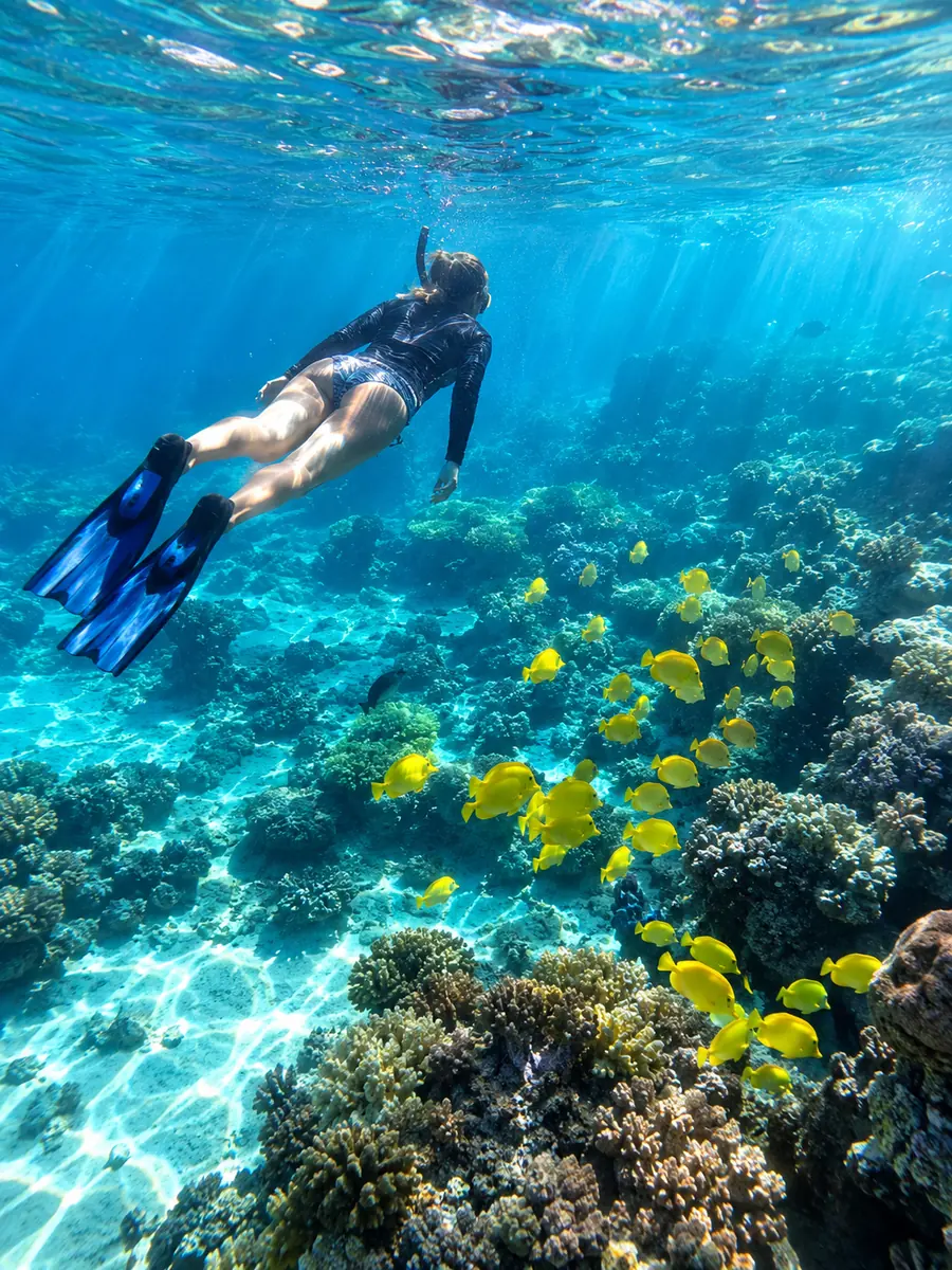 A snorkeler seen from behind floating over a Hawaiian reef with a school of yellow tang