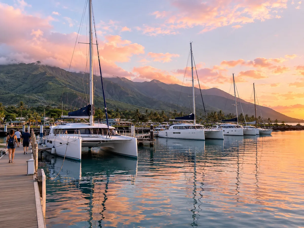 Catamarans tied up at Ma'alaea Harbor at dawn