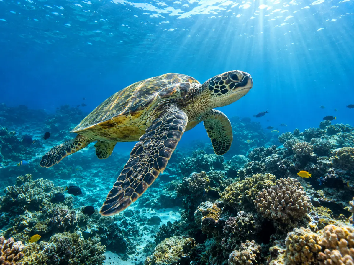 A green sea turtle gliding over a coral reef in clear blue water
